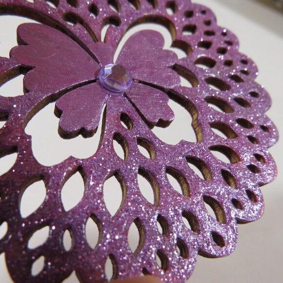Lavender Purple Round Butterfly Laser Cut Wooden Ornament (Double Sided) Hangs - Picture 6 of 7